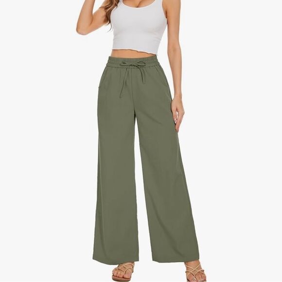 Kiczoy women’s high waist wide leg pants, draw string tie, size XS Green NWT - Picture 2 of 6